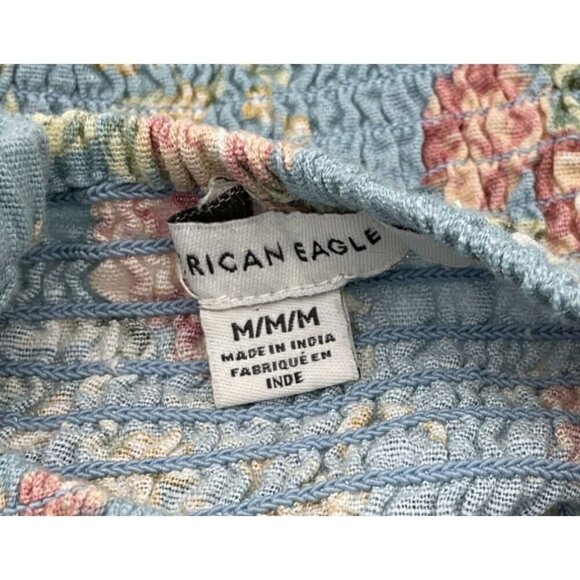 American Eagle Blue Floral Smocked Sweetheart Crop Top Short Puff Sleeves Med - Picture 8 of 11